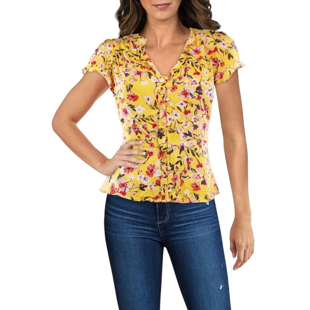 Jessica Simpson Christina Ruffle Trim Button Front Blouse Yellow Plus Size 2X